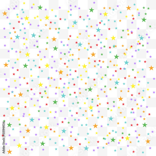Festive colorful star confetti. Rainbow stars on transparent background. Vector illustration.