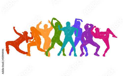 Detailed vector illustration silhouettes of expressive dance colorful group of women's dancing. Jazz, funk, hip-hop, house, twerk. Dancer girls jumping on white background. Happy celebration.
