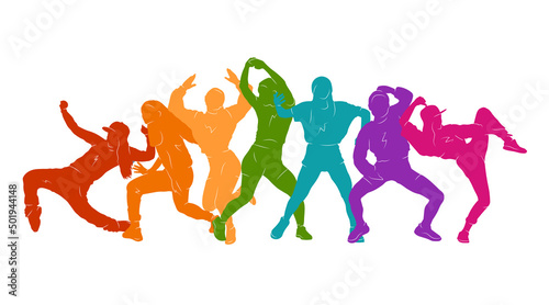 Detailed vector illustration silhouettes of expressive dance colorful group of women s dancing. Jazz  funk  hip-hop  house  twerk. Dancer girls jumping on white background. Happy celebration.