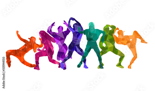 Detailed vector illustration silhouettes of expressive dance colorful group of women s dancing. Jazz  funk  hip-hop  house  twerk. Dancer girls jumping on white background. Happy celebration.