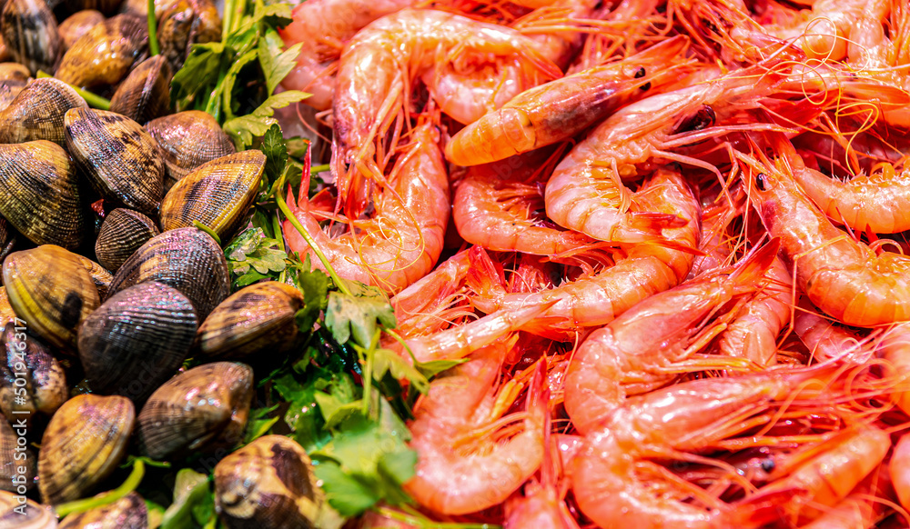 Fresh sea shrimps and oysters on the counter