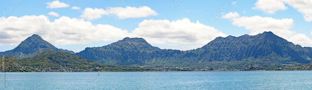 Panoramic view of the mountains over Kaneohe Bay on the windward side of Oahu