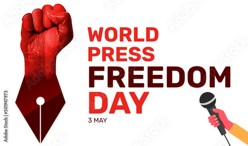 World Press Freedom Day illustration background with Wist and Mic on the Side. Celebrating Press Freedom and Encouraging Freedom of Speach in Media. Red illustration for freedom of press photo