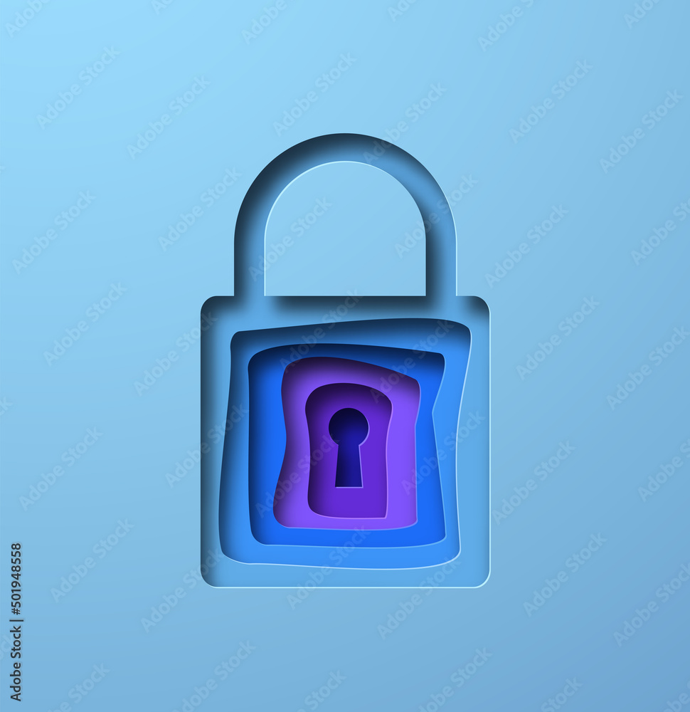 Closed lock shape illustration in realistic 3D paper cut style. Modern papercut padlock symbol design for cyber security concept, online protection or social media privacy. Closed lock shape illustration in realistic 3D paper cut style. Modern papercut padlock symbol design for cyber security concept, online protection or social media privacy.