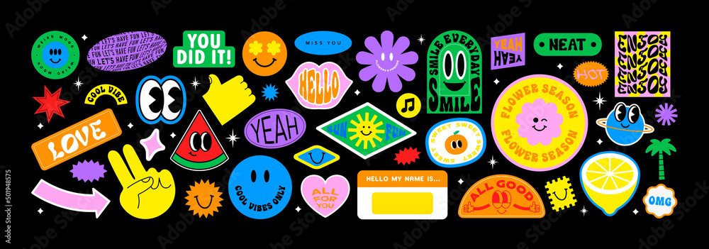 Obraz premium Colorful happy smiling face label shape set. Collection of trendy retro sticker cartoon shapes. Funny comic character art and quote sign patch bundle.