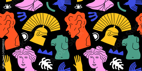 Ancient greek statue and classic vintage monument seamless pattern. Colorful greece culture background illustration. Historical flat cartoon drawing.