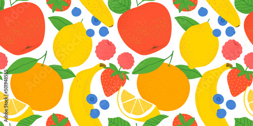 Summer tropical fruit seamless pattern illustration. Modern flat cartoon organic fruits ingredient background. Fresh apple, orange, banana, strawberry and more.