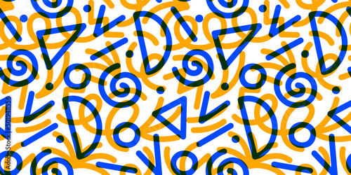 Fun colorful squiggle line doodle seamless pattern. Creative minimalist style art background for children or trendy design with basic shapes. Simple childish scribble backdrop.