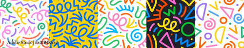 Fényképezés Set of fun colorful line doodle seamless pattern