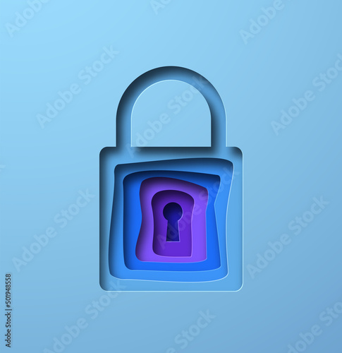 Closed lock shape illustration in realistic 3D paper cut style. Modern papercut padlock symbol design for cyber security concept, online protection or social media privacy.