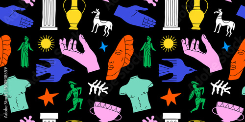 Ancient greek statue and classic vintage monument seamless pattern. Colorful greece culture background illustration. Historical flat cartoon drawing.