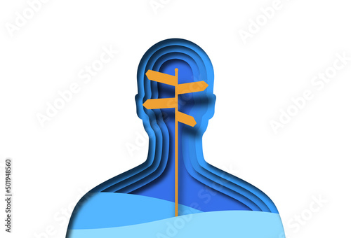 Paper cut man silhouette with street crossroad inside, illustration for psychology guidance or career path concept. Lost person stuck between two decisions, business opportunity or life choice idea.