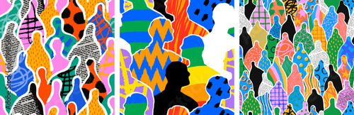 Colorful diverse people crowd abstract art seamless pattern set. Multi-ethnic community, big cultural diversity group background illustration collection in modern collage painting style.