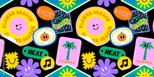 Funny smiling happy face colorful sticker label seamless pattern. Retro 90s smile icon tag background texture. Trendy sign wallpaper.