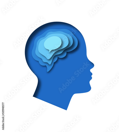 Paper cut man head illustration with chat bubble brain on isolated background. Modern 3D papercut craft communication concept design for social media app, psychology or business brainstorm project.