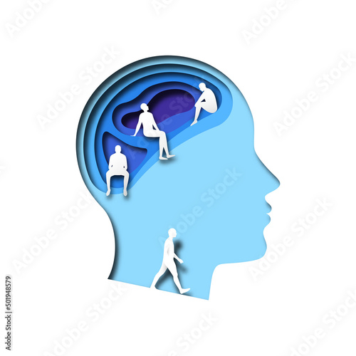 Papercut man head with people inside in realistic 3D paper cut style. Business teamwork design or mental health therapy illustration concept.