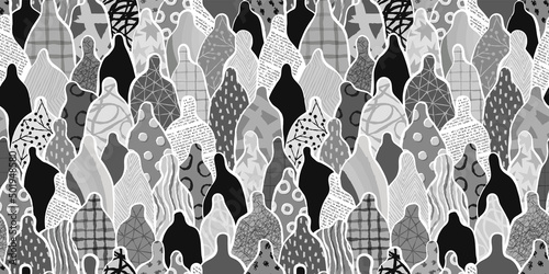 Gray scale diverse people crowd abstract art seamless pattern. Multi-ethnic community, big cultural diversity group background illustration in modern collage painting style.