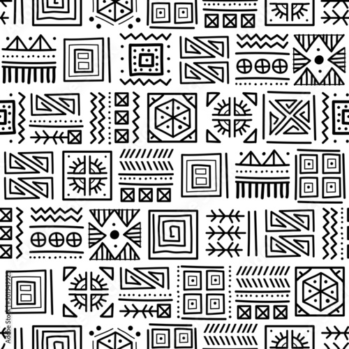 Mayan patchwork seamless pattern. Tribal geometric vector swatch. Zigzag background for cover design. Retro chevron line vector print. Navajo ornamental texture. Black and white colors.