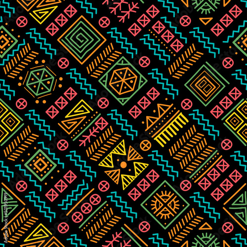Mayan patchwork seamless pattern. Tribal geometric vector swatch. Zigzag background for cover design. Retro chevron line vector print. Navajo ornamental texture. Bright multicolor background