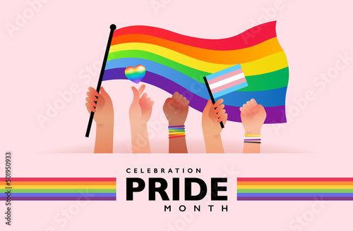 Banner of people hold rainbow flag with sign language hands supporting pride month celebration