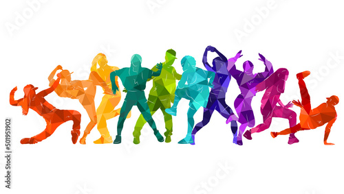 Detailed vector illustration silhouettes of expressive dance colorful group of people dancing. Jazz funk  hip-hop  house dance. Dancer man jumping on white background. Happy celebration.  Party. 