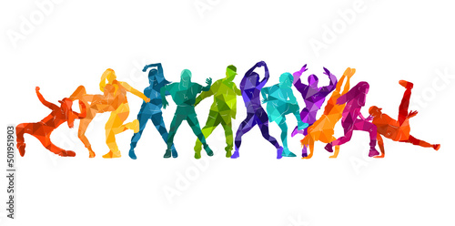 Detailed vector illustration silhouettes of expressive dance colorful group of people dancing. Jazz funk, hip-hop, house dance. Dancer man jumping on white background. Happy celebration.  Party.

