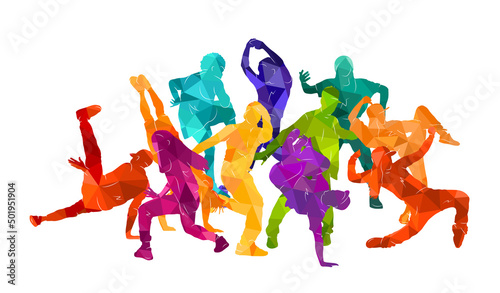 Detailed vector illustration silhouettes of expressive dance colorful group of people dancing. Jazz funk  hip-hop  house dance. Dancer man jumping on white background. Happy celebration.  Party. 