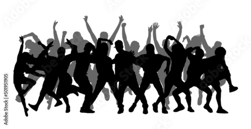 Detailed vector illustration silhouettes of expressive dance colorful group of people dancing. Jazz funk, hip-hop, house dance. Dancer man jumping on white background. Happy celebration. Party. 