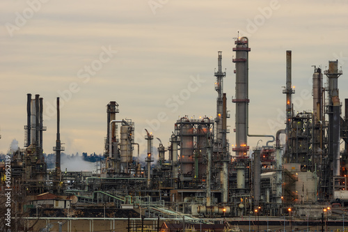 San Pedro - Los Angeles, California, USA - February 1, 2021: image of oli refineries taken at dusk shown in north San Pedro.