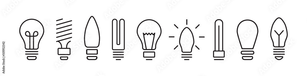Light bulb vector icon, lamp set outline design, creative idea symbol line art isolated on white background. Black minimal illustration Light bulb vector icon, lamp set outline design, creative idea symbol line art isolated on white background. Black minimal illustration