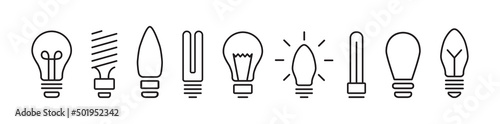 Light bulb vector icon, lamp set outline design, creative idea symbol line art isolated on white background. Black minimal illustration