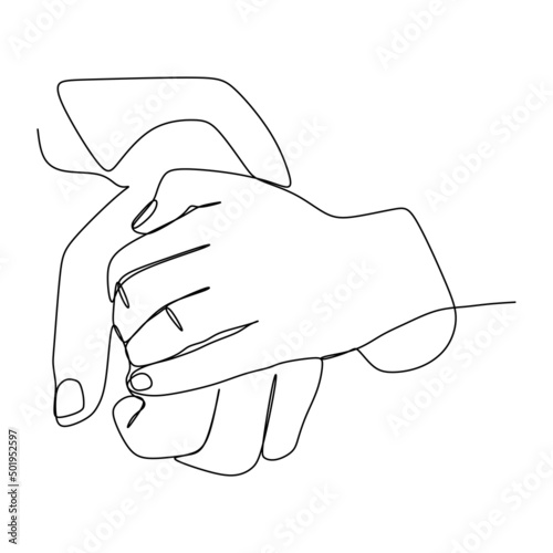 Hands holding each other gesture continuous line drawing design. Sign or symbol of hand gestures. One line hand drawn style art doodle isolated on white background for family concept