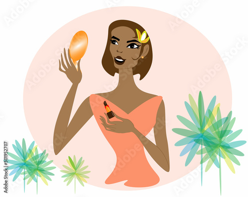 charming Lady with the mirror. Beautiful Lady looks in the mirror painting her lips and thinks what she needs more for make-up, mascara, foundation, powder, highlighter, eyebrow and eye pencil, blush.