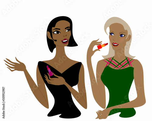 Two beautiful ladies paint their lips, choose the color of lipstick and think what they need more for make-up, mascara, foundation, powder, highlighter, eyebrow and eye pencil, blush.