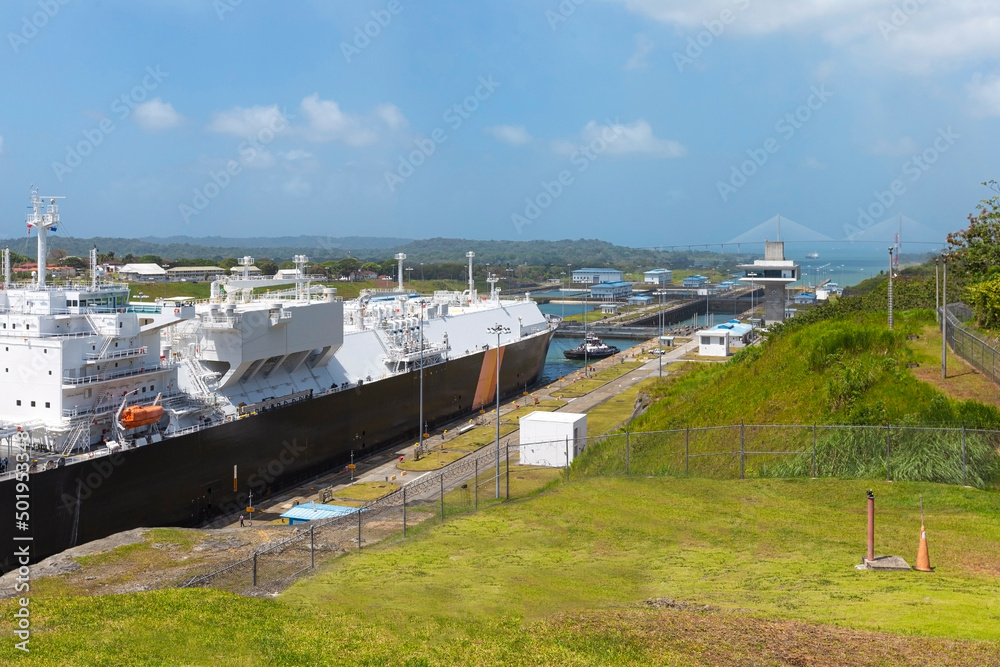 View of Panama Canal. Passage of a ship through the Panama Canal.