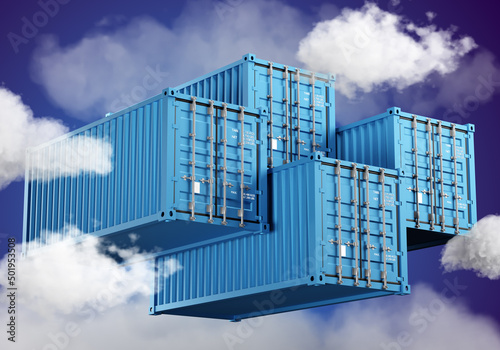 Cargo containers visualization. Sea closed containers in clouds. Blue containers fly across sky. Cloud storage concept. Cloud hosting metaphors. Internet Service Provider. 3d rendering.