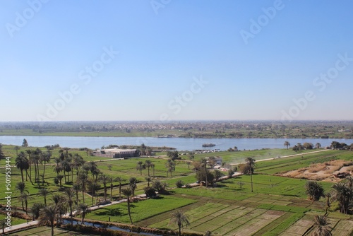 A green farm with trees and agriculture in Minya with ariel view from jabal el tayr in Egypt photo
