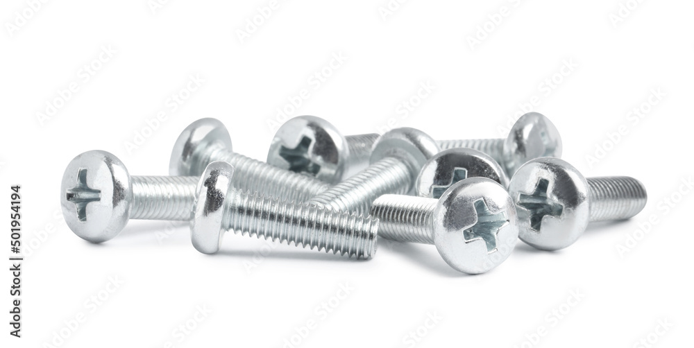 Many metal machine screw bolts on white background Many metal machine screw bolts on white background