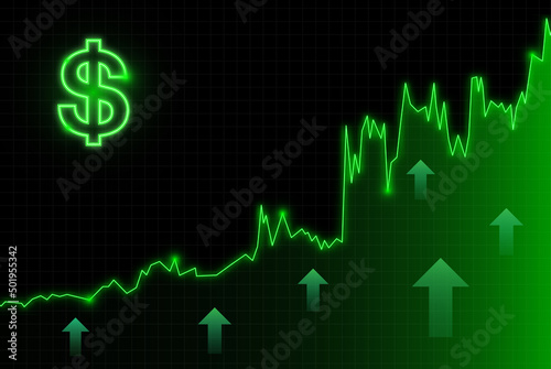Russian ruble green rise arrow of economy. Vector illustration.