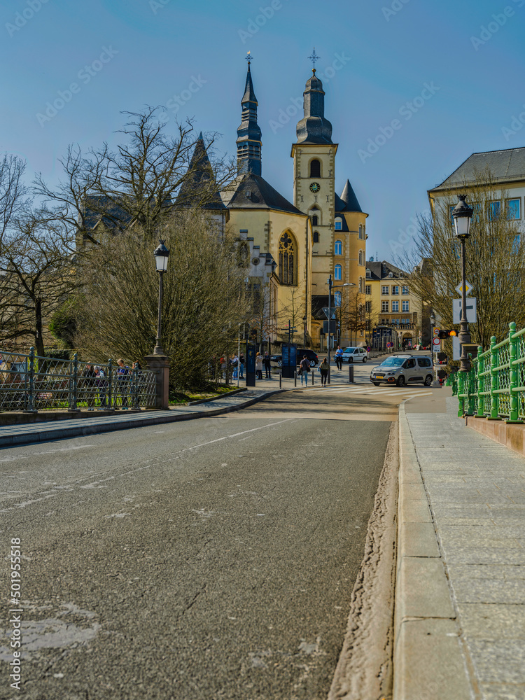 Luxembourg city street and historic buildings
