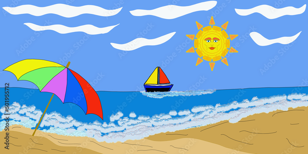 Barchetta in mare con spiaggia ,ombrellone e sole
