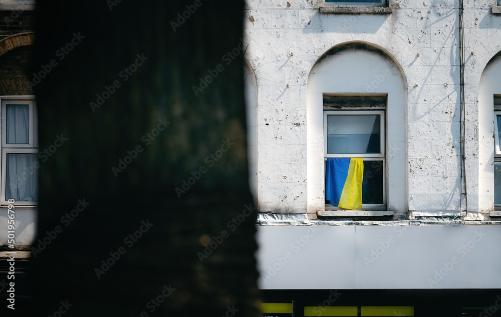 Ukrainian Flag in support of Ukraine War with Russia in London, UK