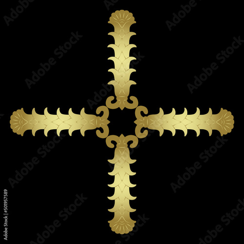 Rectangular cross design or frame with Persian Achaemenid floral motifs. Stylized plant or cone. Geometrical palmette design. Golden glossy silhouette on black background.