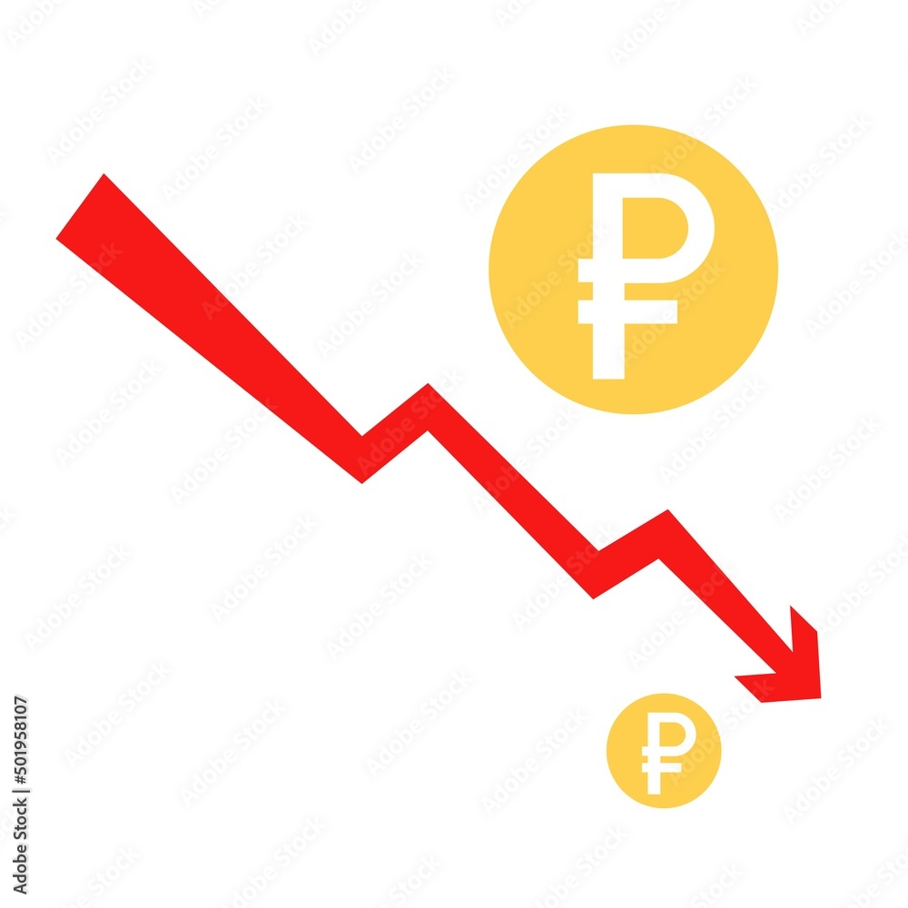 Ruble fall flat icon illustration. Ruble going down concept. Ruble fall flat icon illustration. Ruble going down concept.