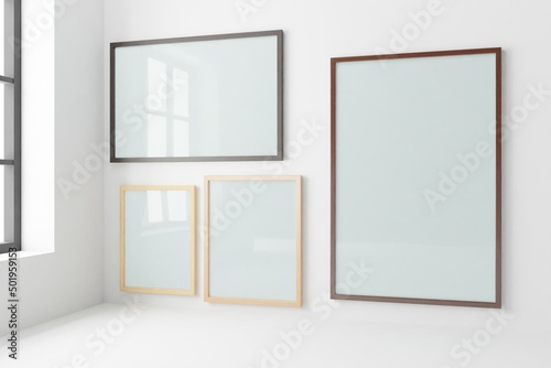 Vertical frame mockup in living room interior. 3d rendering, 3d illustration