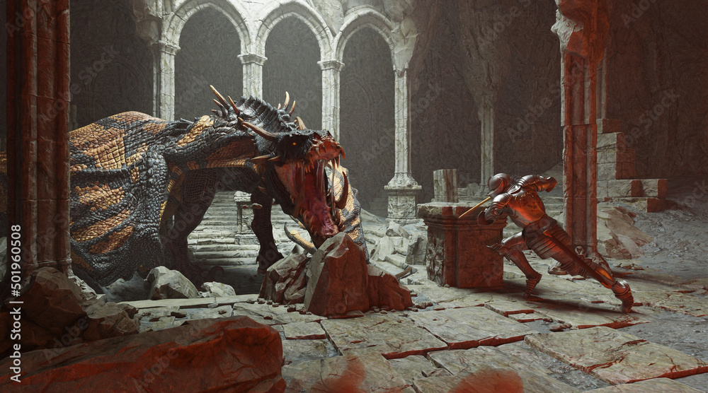 Fototapeta Fantasy battle scene with dragon attacking medieval knight 3d illustration