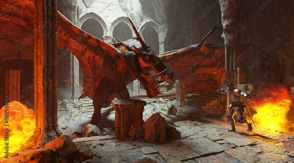 Fantasy battle scene with dragon attacking medieval knight 3d illustration