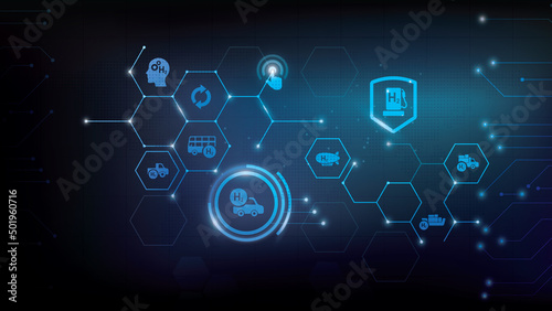 Hydrogen economy vector illustration. Concept with connected icons related to hydrogen use as fuel, in industrial processes, hydrogen storage and transport