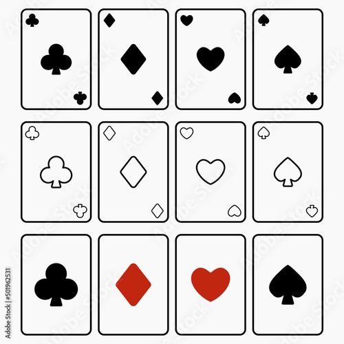 A set of simple card icons. Four suits in three designs in vector.