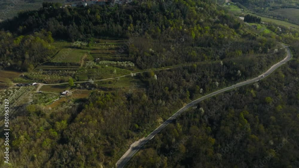 Curved Road Near The Hilltop Town Of Motovun In Istria, Croatia On A Sunny Day. aerial tilt-up Curved Road Near The Hilltop Town Of Motovun In Istria, Croatia On A Sunny Day. aerial tilt-up